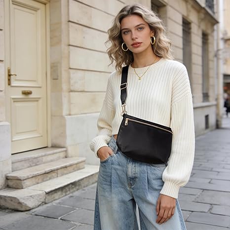 Black Crossbody Bags for Women Travel Flat Fanny Packs for Woman Men Nylon Cross Body Purse Fashion Belt Bum Bag