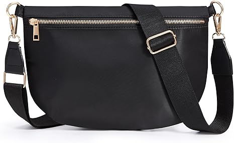 Black Crossbody Bags for Women Travel Flat Fanny Packs for Woman Men Nylon Cross Body Purse Fashion Belt Bum Bag