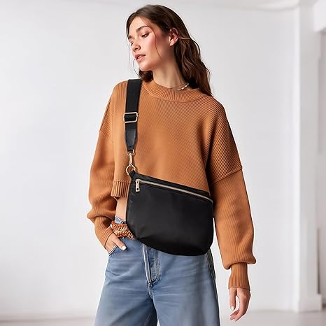 Black Crossbody Bags for Women Travel Flat Fanny Packs for Woman Men Nylon Cross Body Purse Fashion Belt Bum Bag